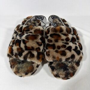 UGG Fluff Yeah Slide Leopard Print Fuzzy Slingback Sandals Slippers  Womens 6